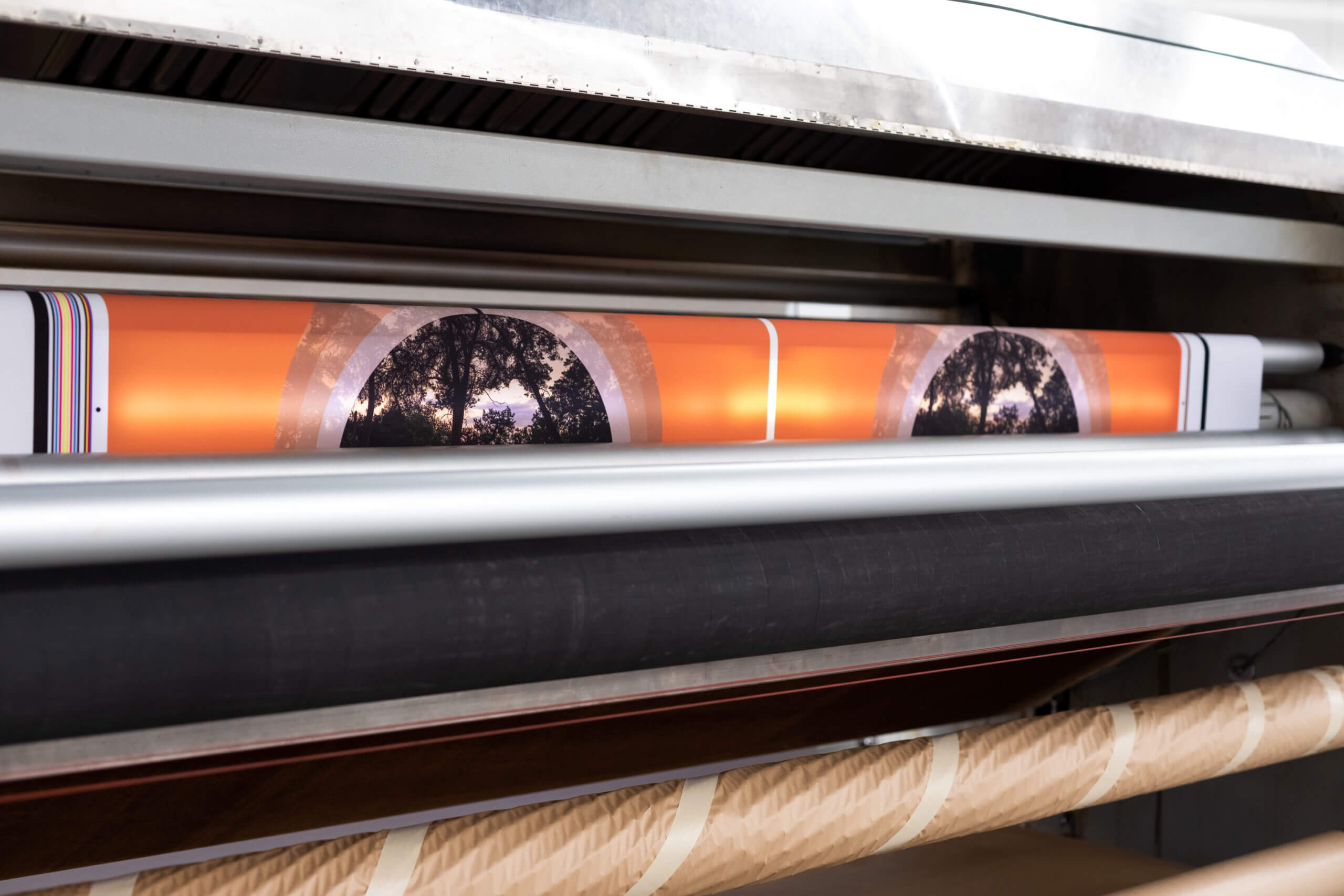 Close-up of rolls inside a fabric printer